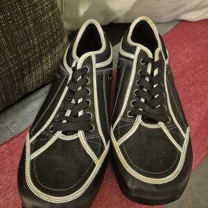 Kenneth Cole Reaction Black Leather And Cream Canvas Lace Up Sneakers Men's 10.5